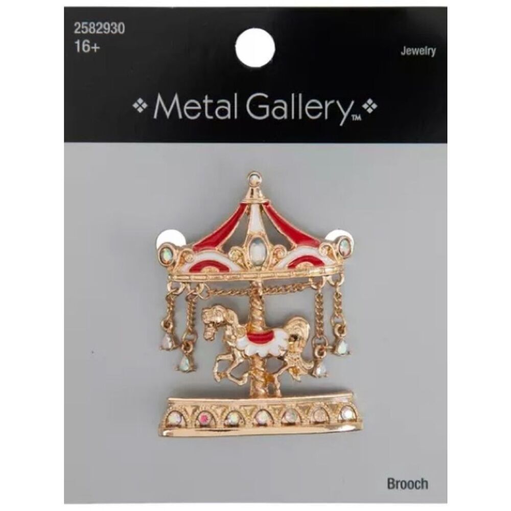 New Metal Gallery Gold Carousel Horse Brooch with Red & White Enamel